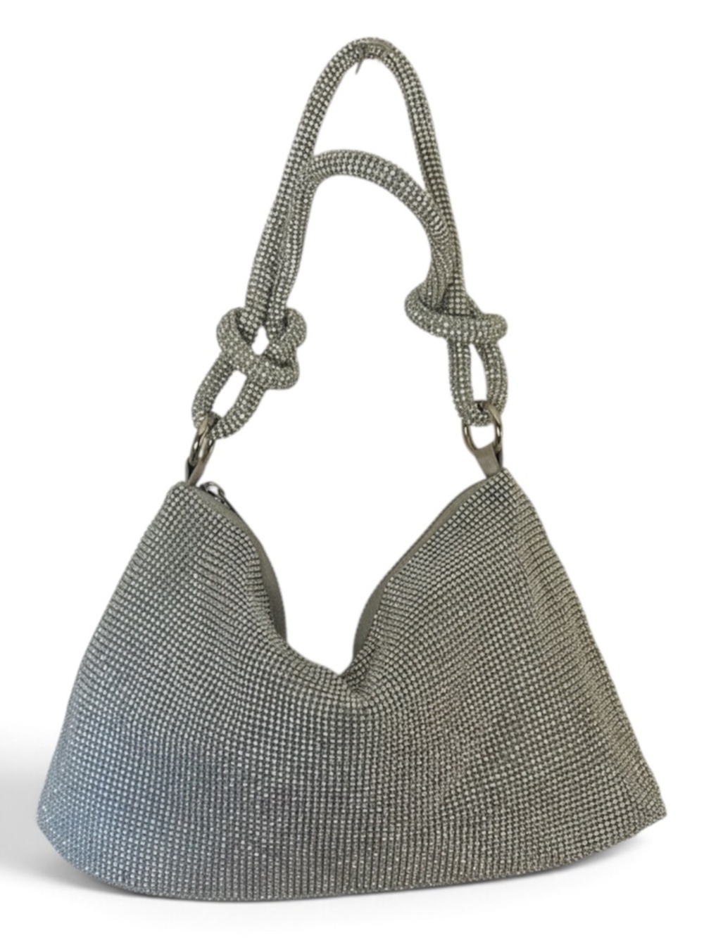 Silver Rhinestone Crystal Hobo Shoulder Bag Knotted Strap Y2K Evening
